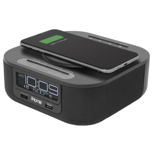 iHome HW5B EXV23 Bluetooth Alarm Clock with Qi Wireless Charging and 2 USB Ports, Black